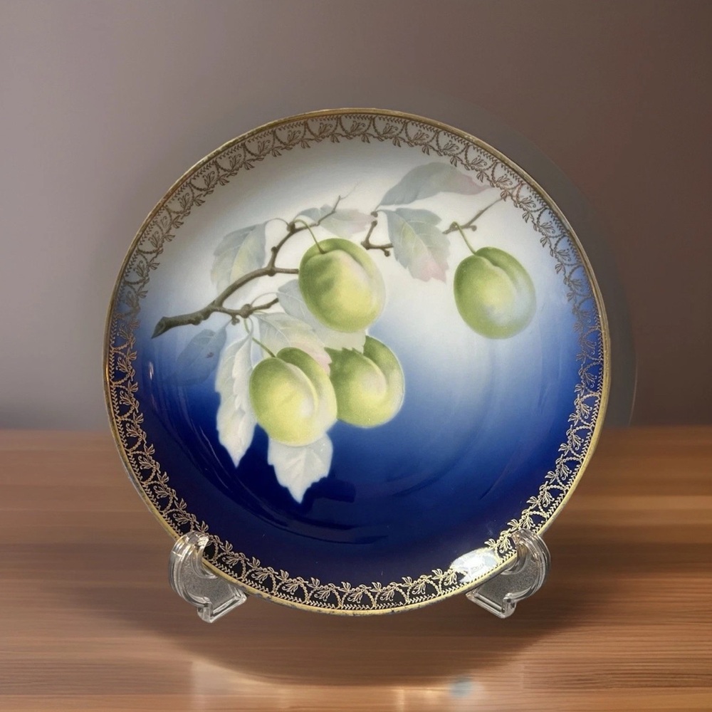 Vtg Dinner Plate 8” Cobalt Blue Gold Rim Plums Rosenthal Selb Bavaria Boho Chic